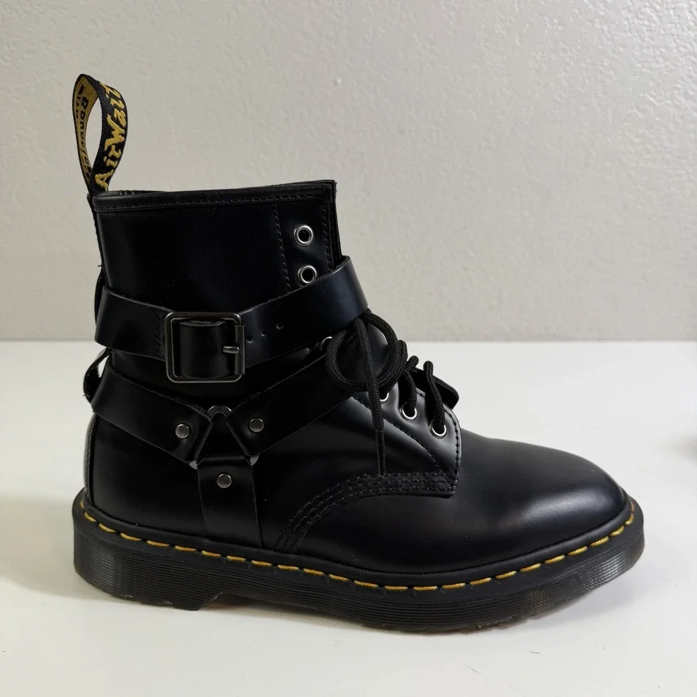 Dr. Martens Cristofor 9 L Black Leather Harness Lace Up Buckle Combat Boot Read